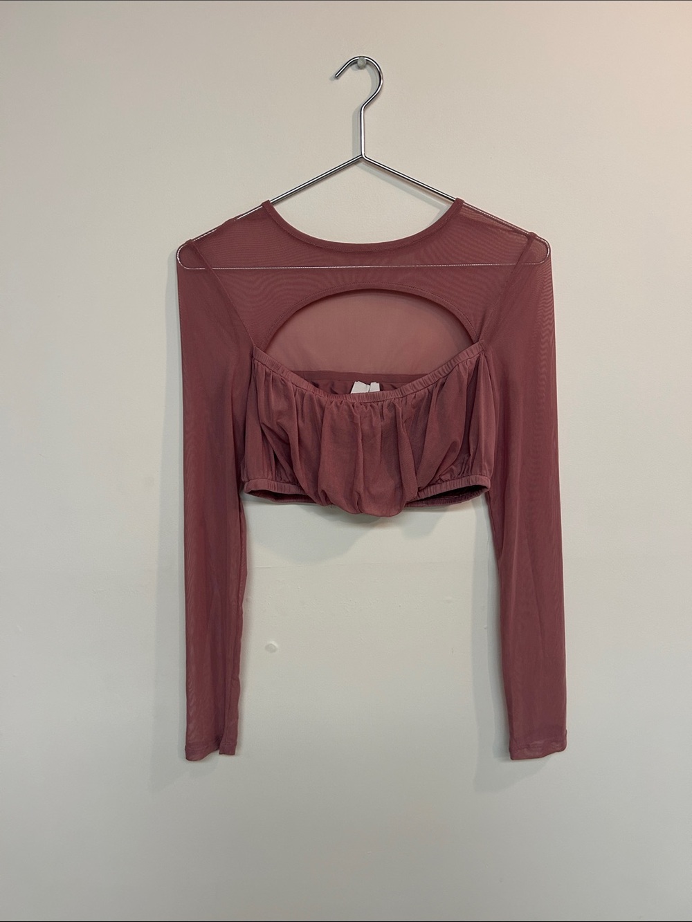 Long-Sleeve Mesh Crop Top with Open Back - Dusty Rose